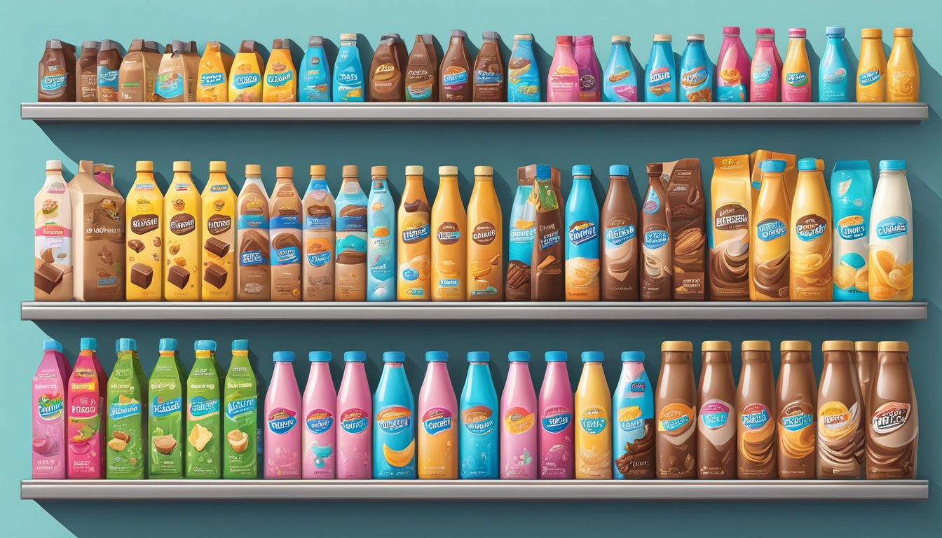 A colorful array of Australian chocolate milk brands displayed on shelves, with vibrant packaging and enticing flavors