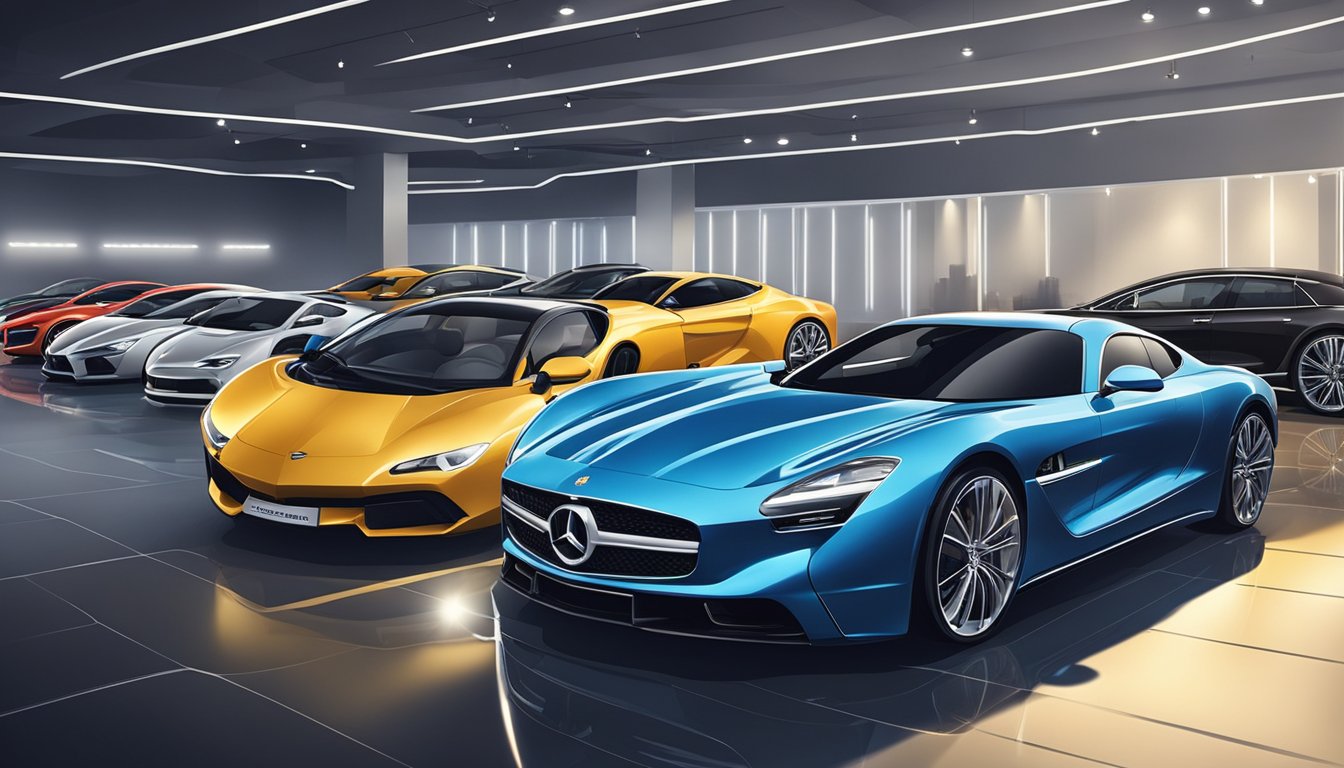 Luxury cars lined up in a showroom, gleaming under bright lights, showcasing the prestigious logos of high-end automobile brands