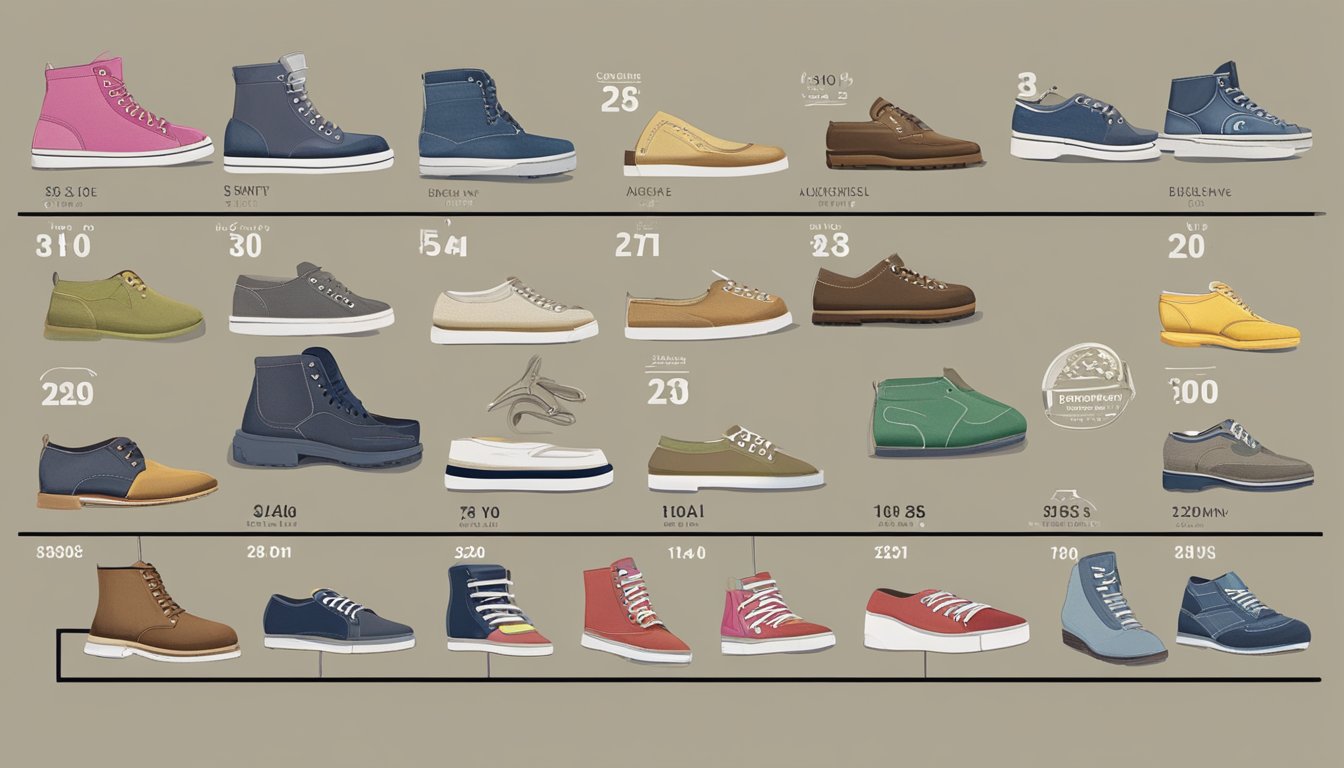 A timeline of BHG Shoes' evolution from its founding to present day, including key milestones and iconic shoe designs