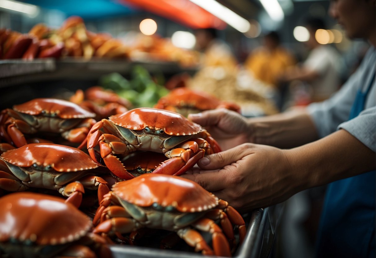 A hand reaches for a live crab in a bustling Chinese market, selecting the perfect one for a traditional chilli crab recipe