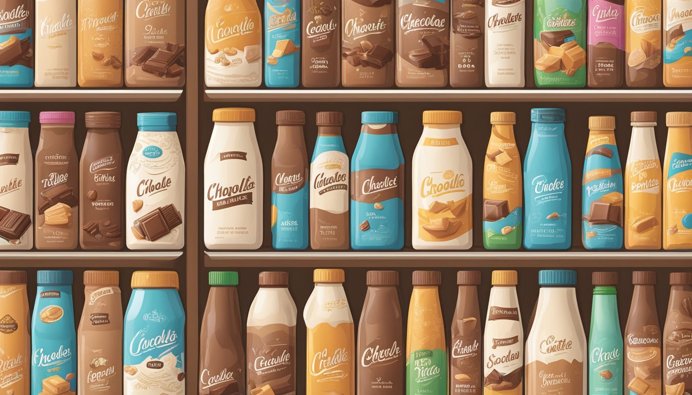 Various chocolate milk bottles and cartons line the shelves, each boasting unique flavors and branding. A diverse array of packaging and colors creates an eye-catching display