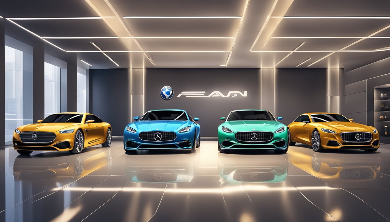 Luxury car logos gleam on a showroom floor, evoking exclusivity and status. Shimmering lights highlight the prestige and cachet of expensive brands