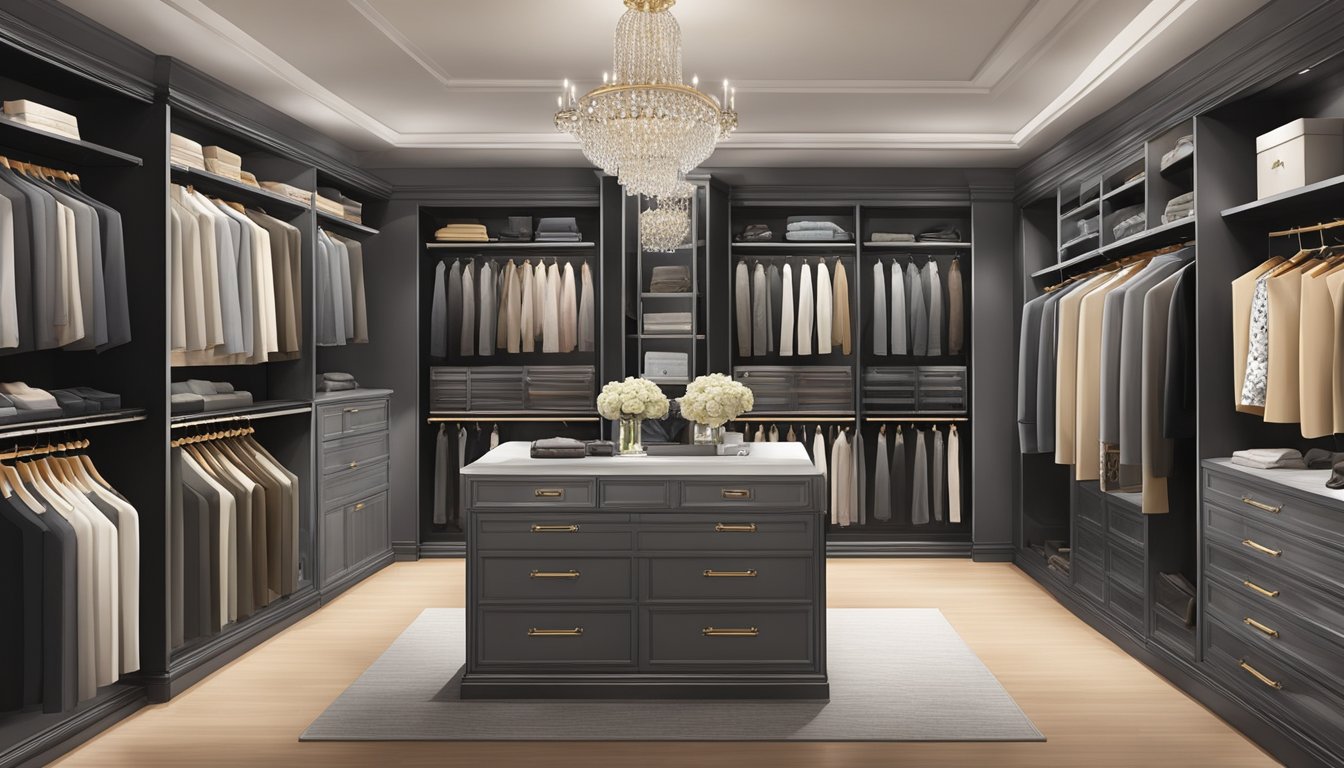 A luxurious walk-in closet filled with designer clothing labels and accessories, emphasizing quality and high resale value