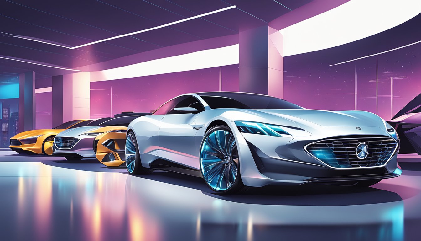 Luxury cars line a sleek showroom, showcasing cutting-edge technology and futuristic designs. Bright lights illuminate the polished vehicles, highlighting the advancements in automotive engineering