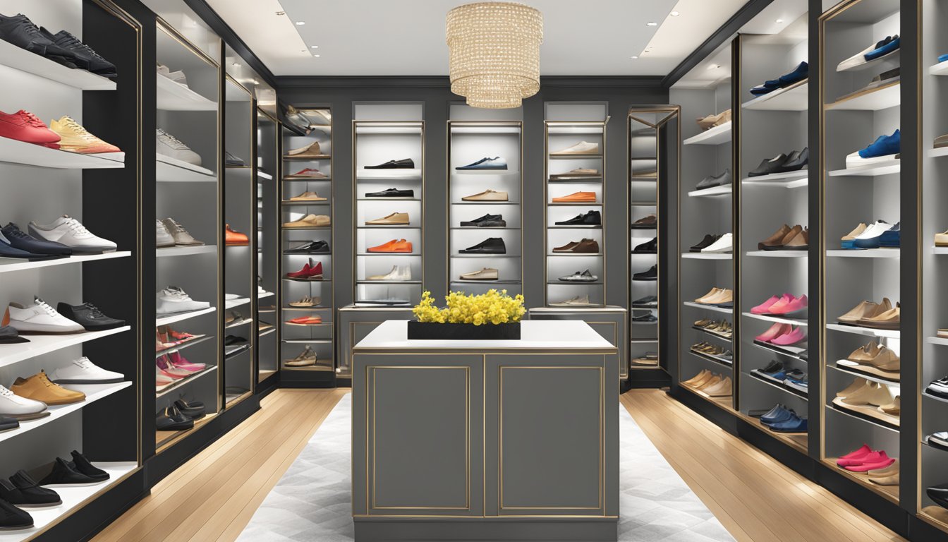 The BHG Exclusive Collections shoes are displayed on sleek shelves, with spotlights highlighting each pair. The brand logo is prominently featured, and the overall ambiance is modern and sophisticated