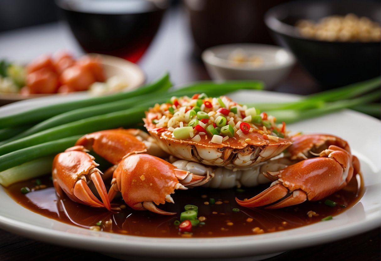 A table with fresh crab, chillies, garlic, ginger, and green onions, alongside soy sauce and cooking wine