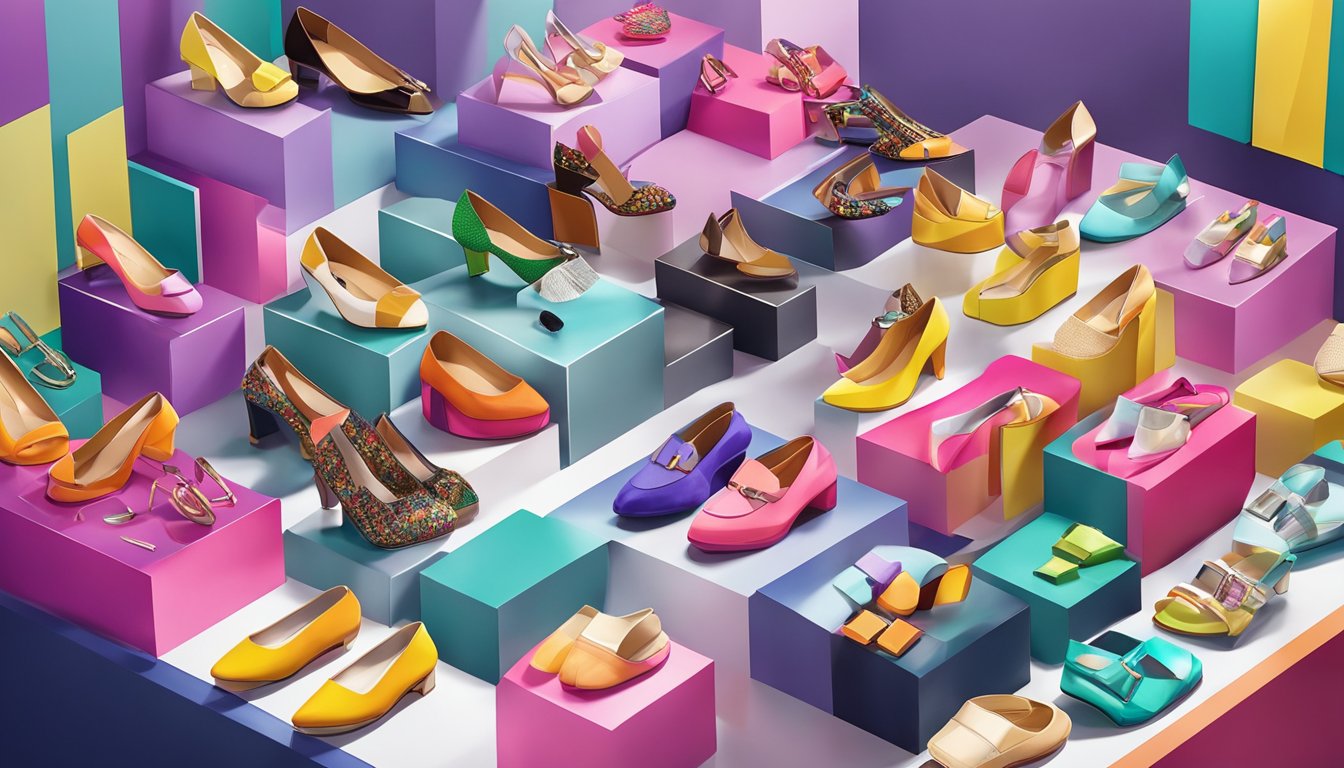 A colorful display of trendy BHG shoes arranged on a sleek, modern display stand, surrounded by vibrant fashion accessories and beauty products