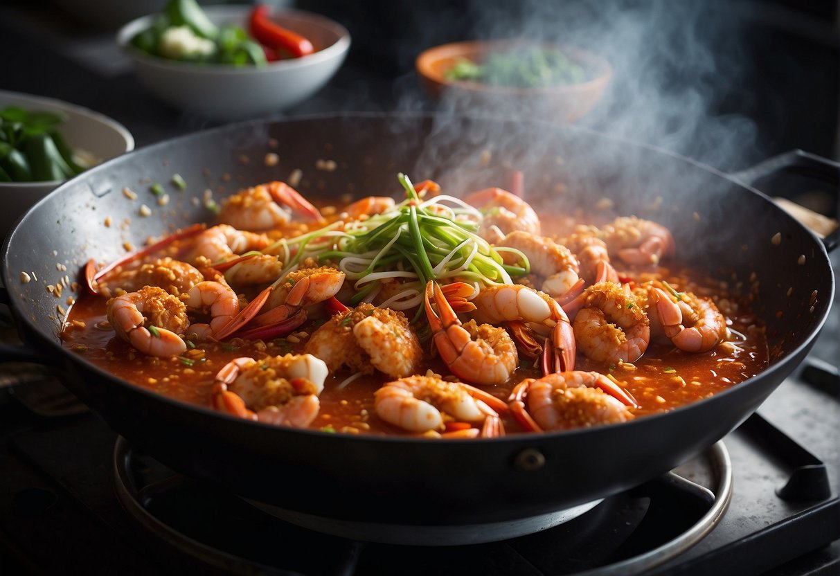 A large wok sizzles with red chilli crab sauce, while ginger, garlic, and scallions are being tossed in. Steam rises from the bubbling mixture as the aroma of seafood and spices fills the air