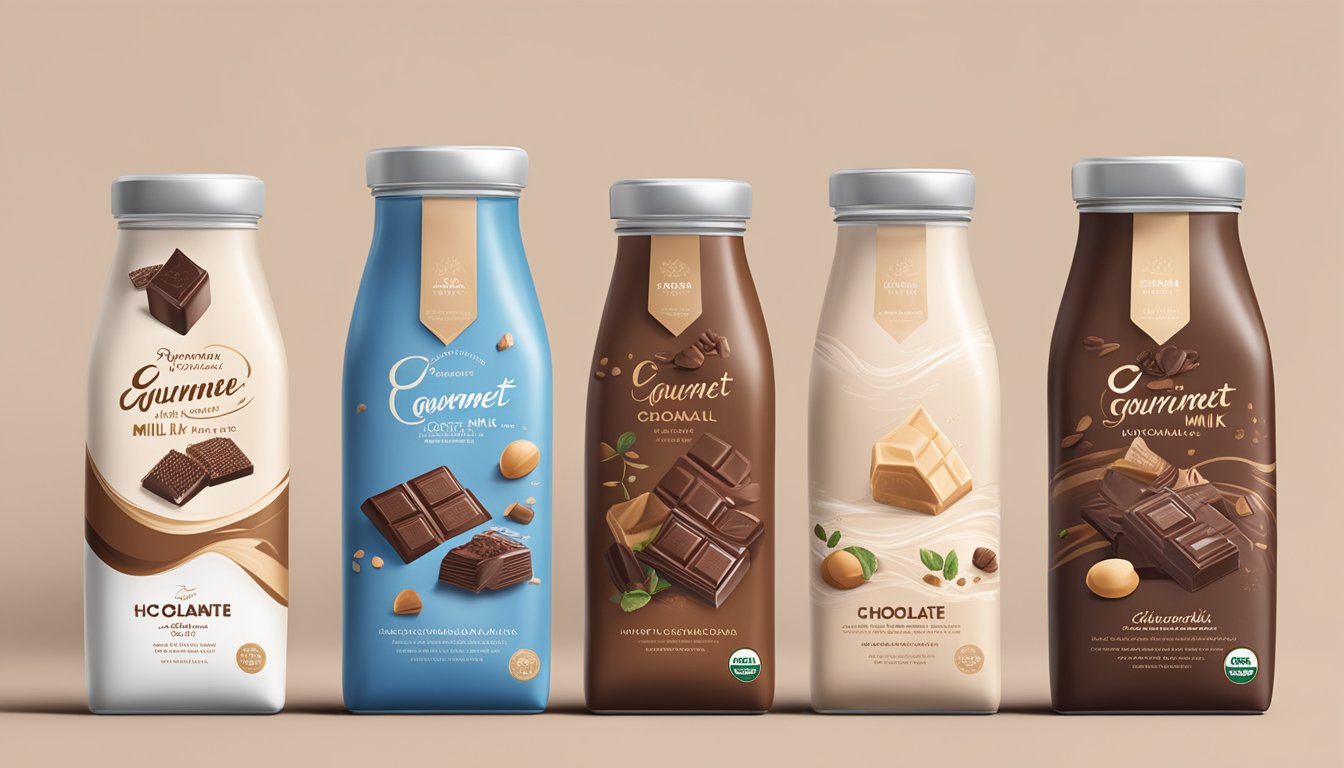 A display of Gourmet and Artisanal Delights chocolate milk brands in Australia, featuring elegant packaging and rich, creamy textures