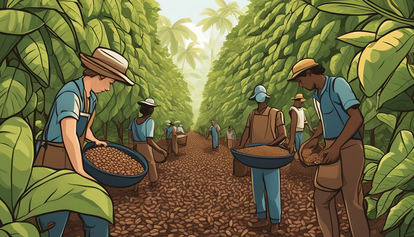 A lush cocoa plantation with workers using sustainable practices to harvest cacao. Ethical chocolate milk brands in Australia support fair trade and environmental conservation