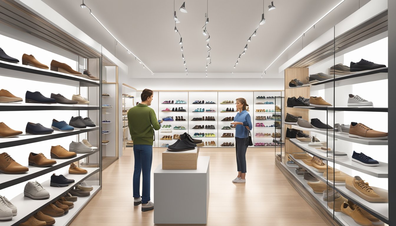 Customers browse BHG shoe brand displays in a modern, well-lit store. The shelves are neatly organized, and the shoes are arranged by style and size