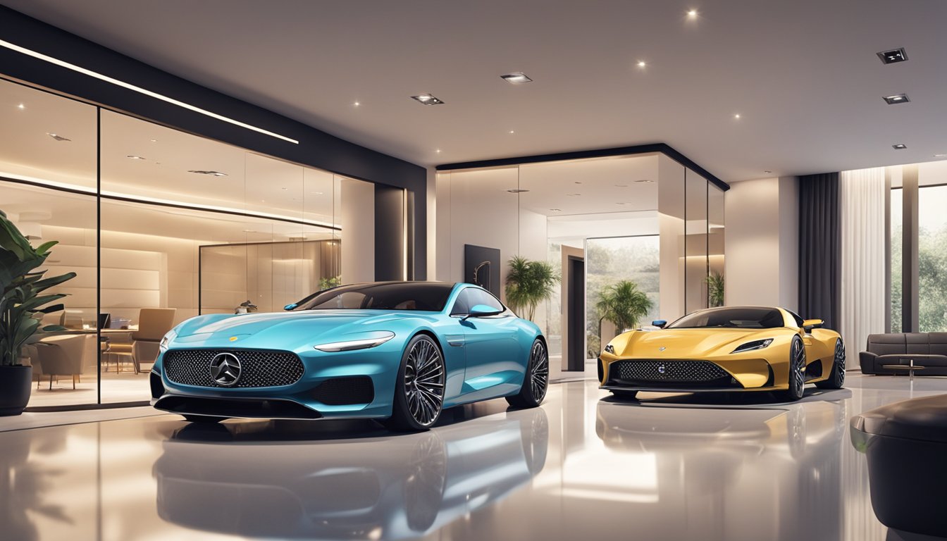 Luxury car brands showcased in elegant showrooms with polished floors and soft lighting. Customers admire sleek designs and enjoy personalized service