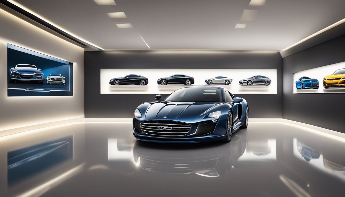 Luxury car logos on a showroom wall, spotlights highlighting sleek designs and polished finishes
