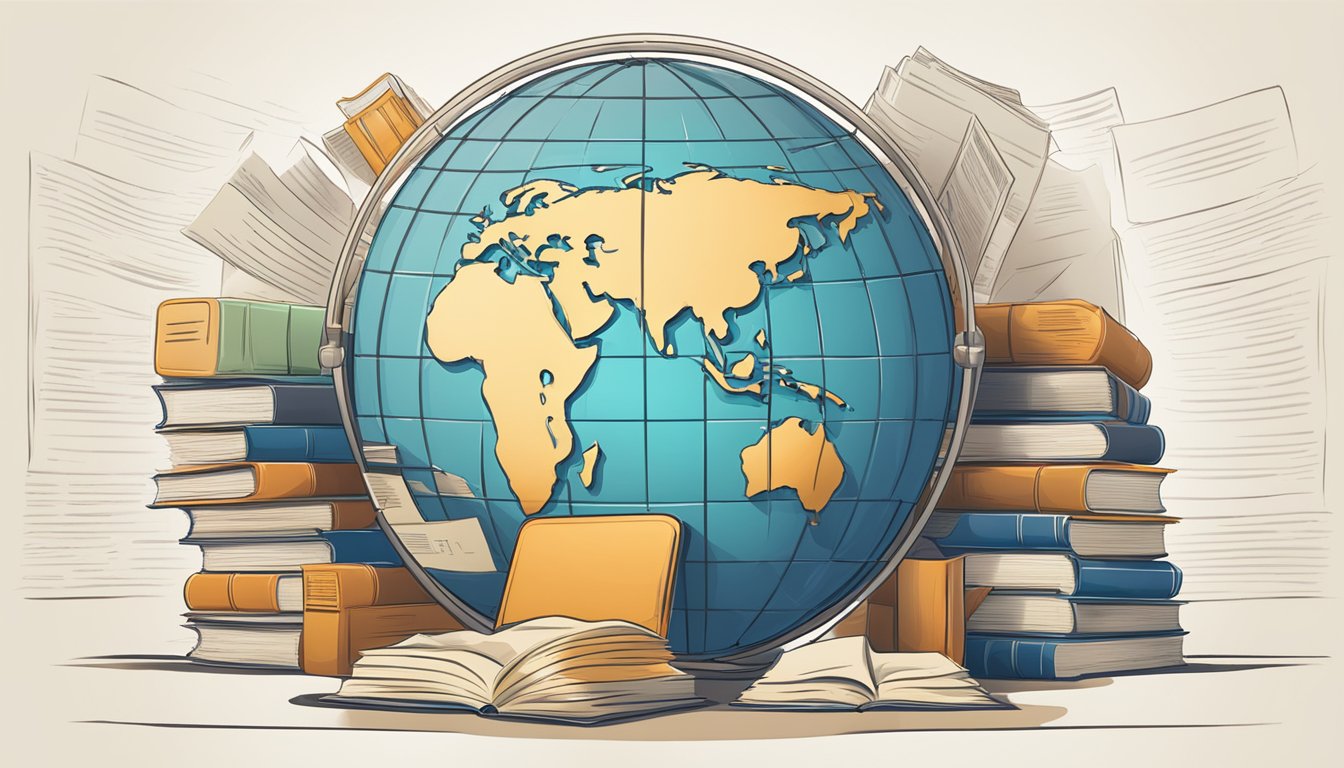 A globe surrounded by legal documents and shields, symbolizing protection and global brand database