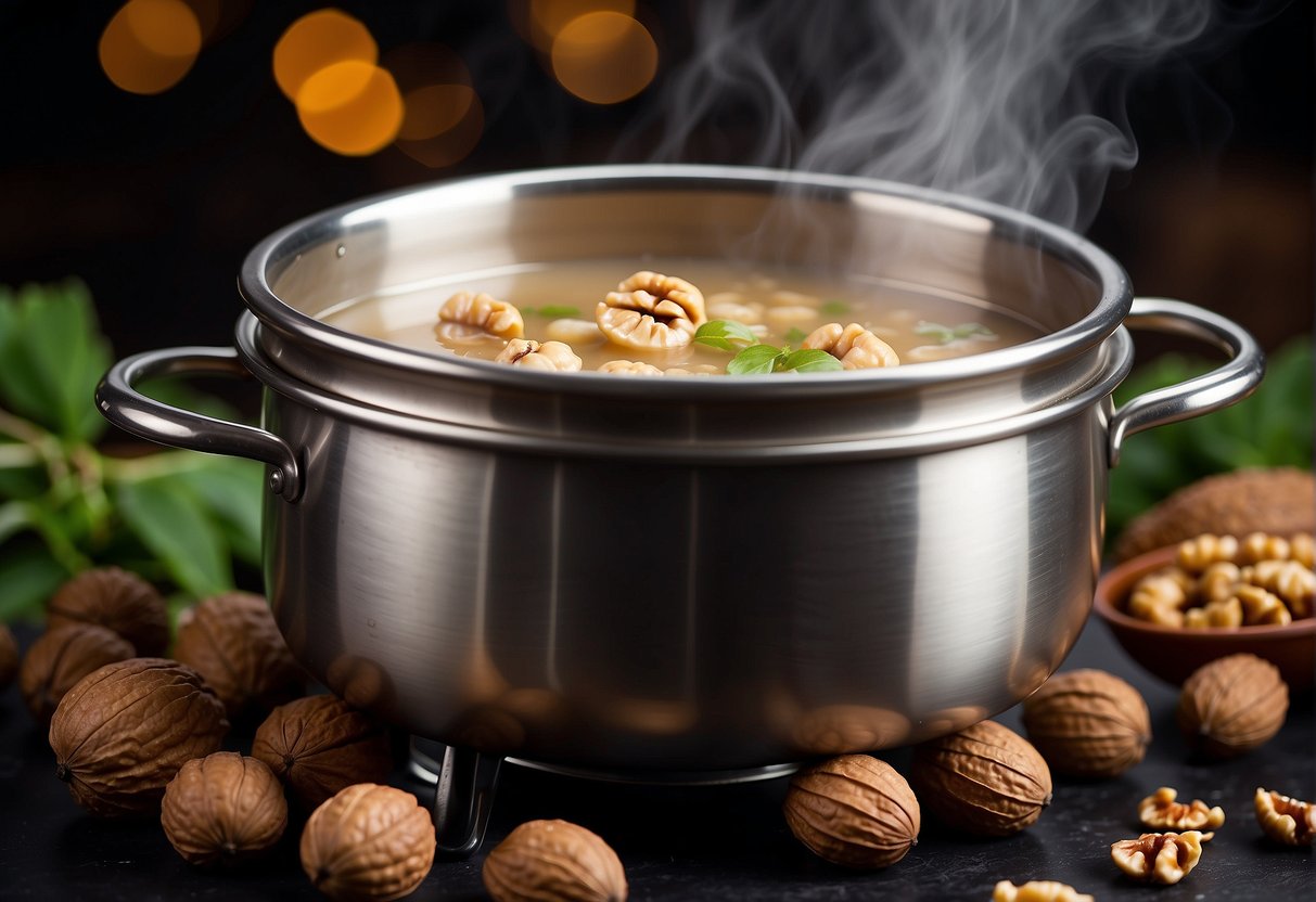 A steaming pot of Chinese walnut soup simmering on a stove, with whole walnuts floating in a creamy, fragrant broth