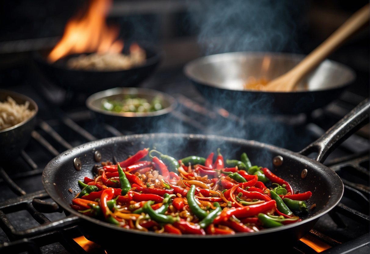 A wok sizzles with red chili peppers and oil, emitting a fragrant aroma. Garlic and ginger are added, infusing the oil with rich flavor