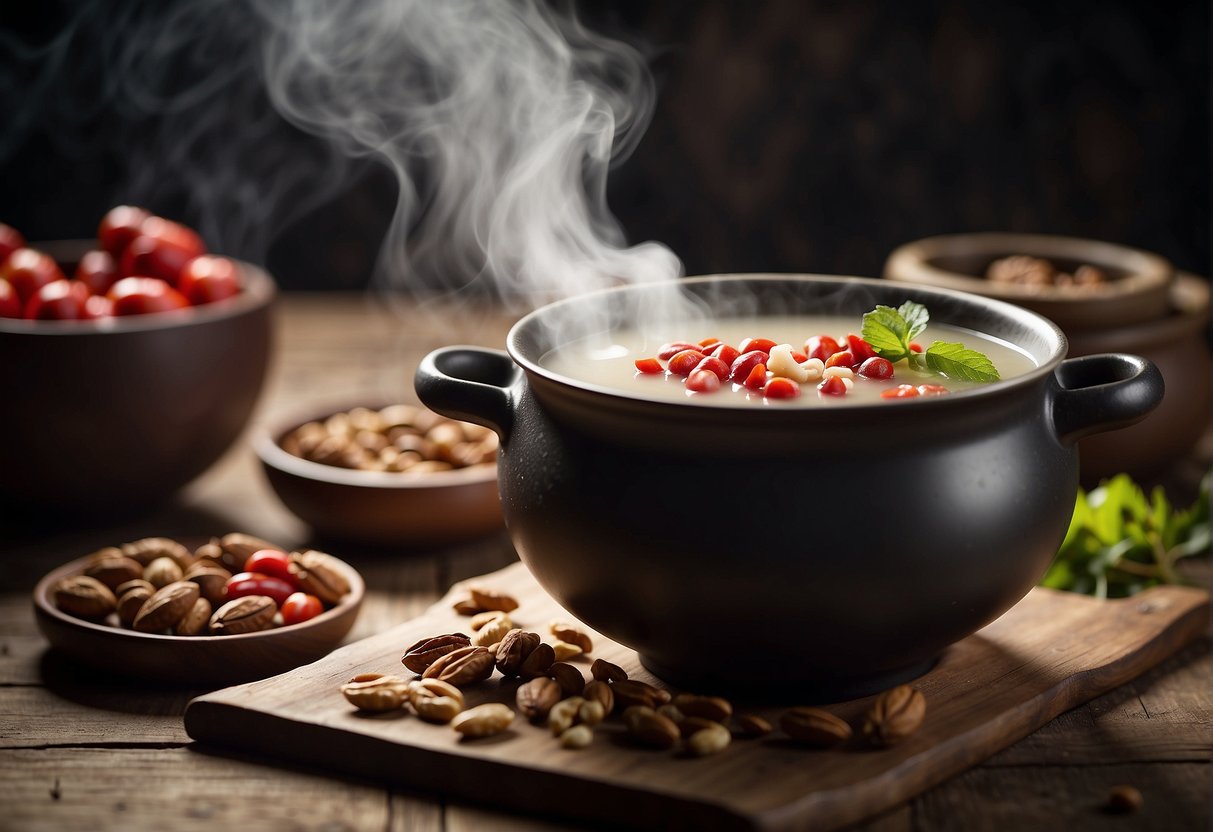 A steaming pot of Chinese walnut soup sits on a rustic wooden table, surrounded by traditional Chinese ingredients like goji berries, jujubes, and rock sugar