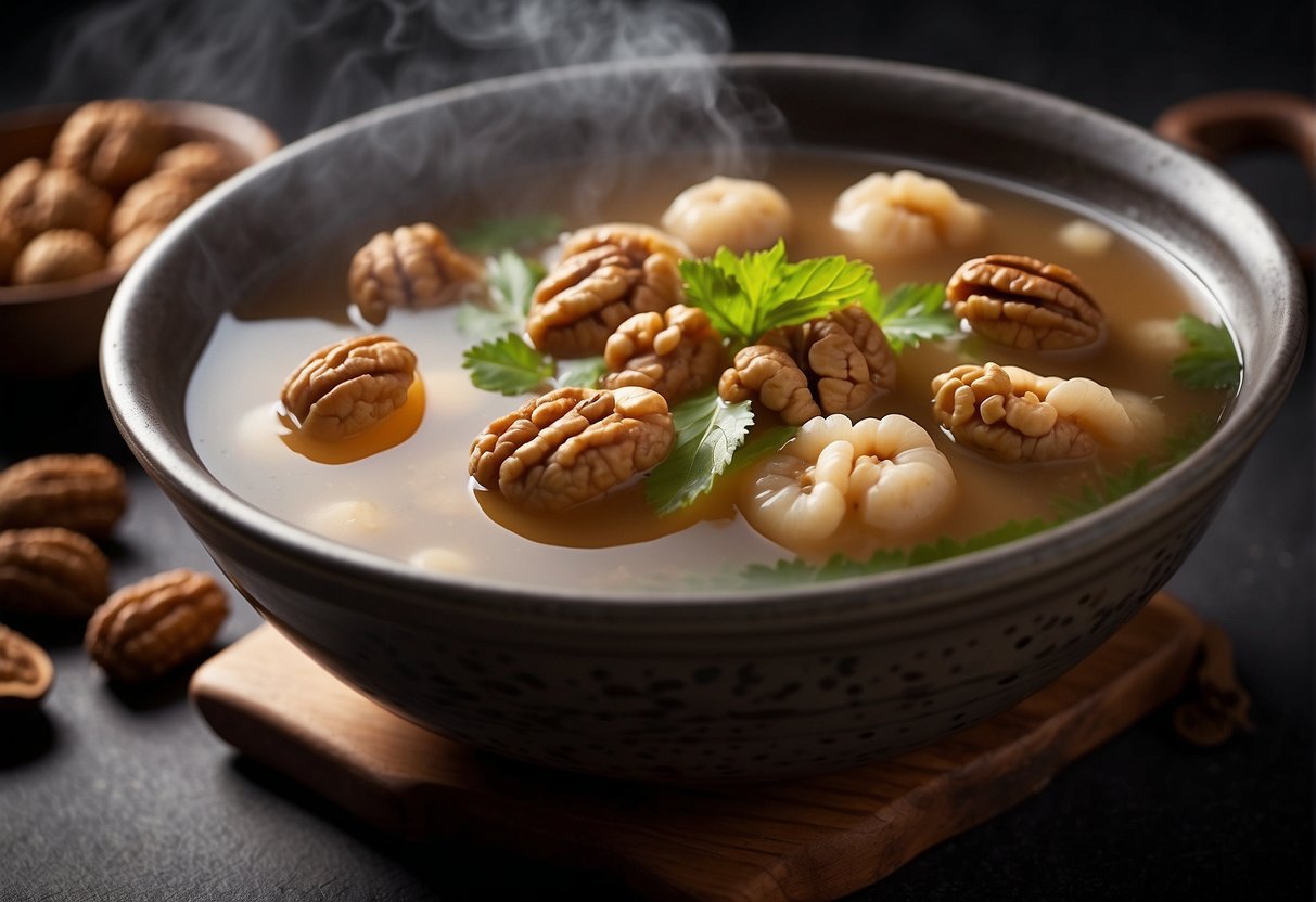 A steaming pot of Chinese walnut soup, with whole walnuts, ginger, and jujubes floating in a rich, creamy broth. A ladle rests on the side, ready to serve