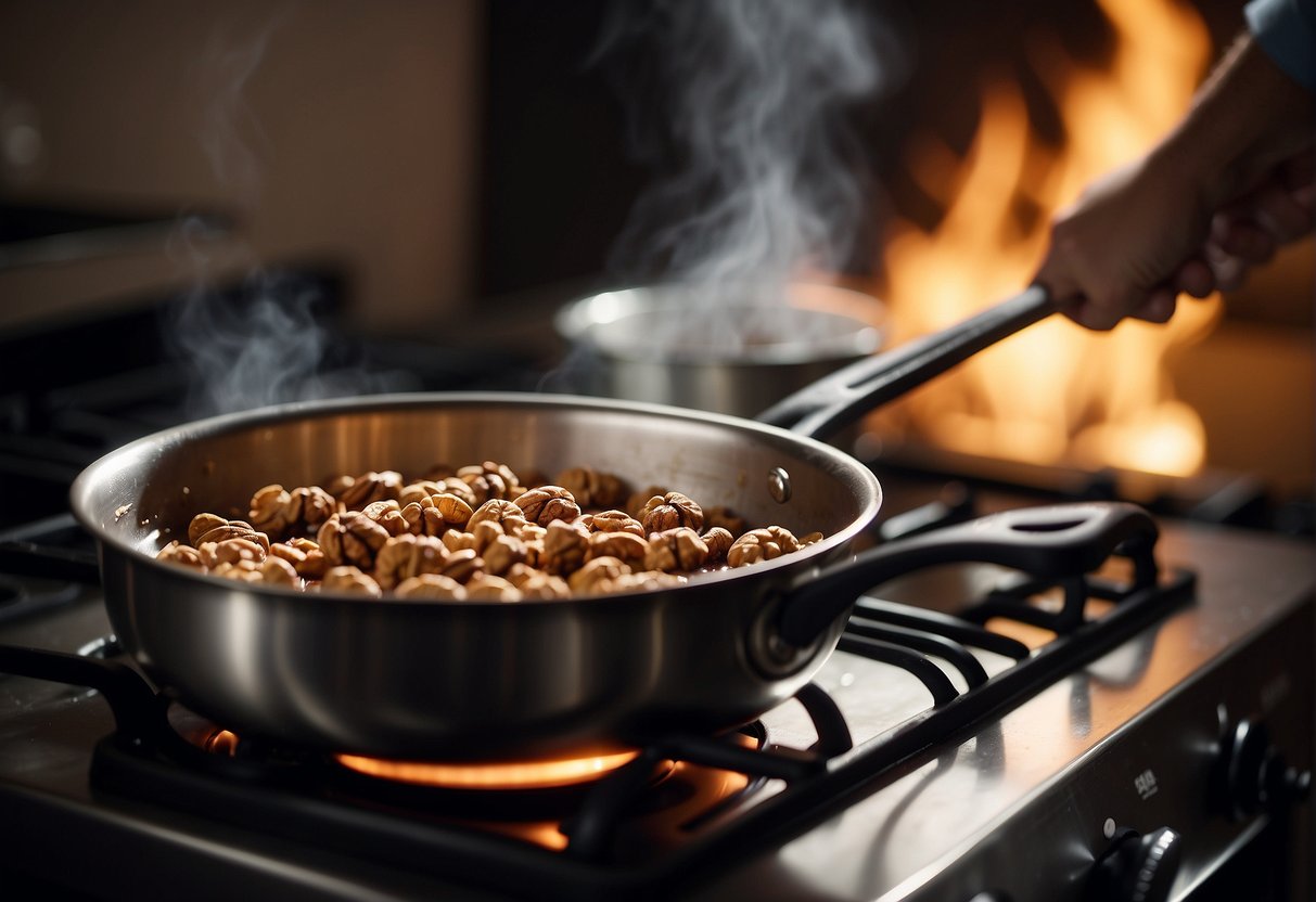 A pot simmers on a stove. Walnuts, water, and sugar are being stirred together. A fragrant aroma fills the air as the soup thickens