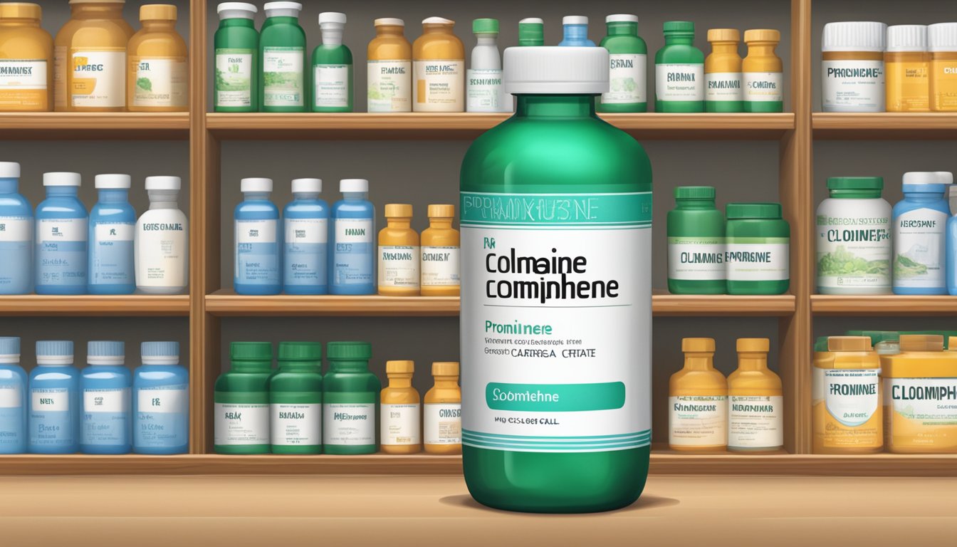 A bottle of clomiphene citrate sits on a pharmacy shelf, with the brand name prominently displayed on the label