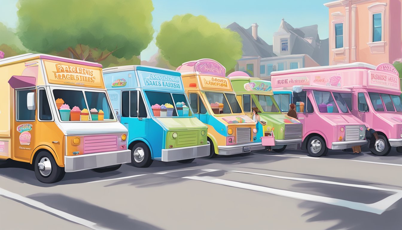 Colorful ice cream trucks line up, each displaying logos of popular brands like Ben & Jerry's, Häagen-Dazs, and Baskin-Robbins. Customers eagerly wait in line for their favorite flavors