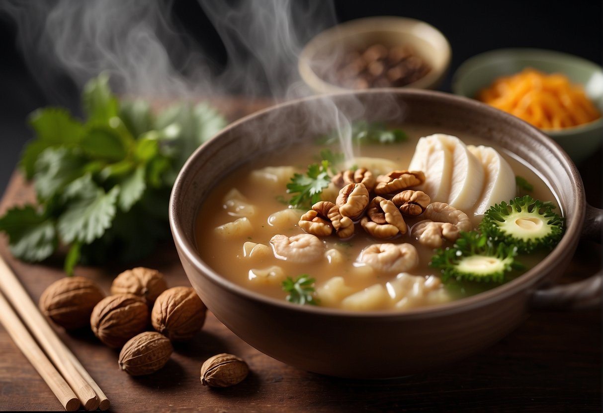 A steaming pot of Chinese walnut soup surrounded by various ingredients and a nutritional information label