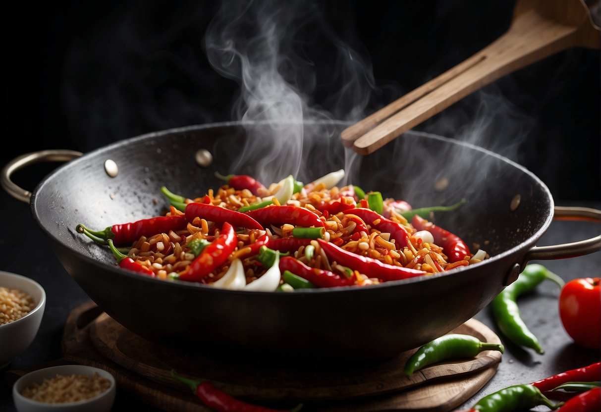 A wok sizzles with red chillies, garlic, and ginger, infusing the air with the aroma of spicy heat. Soy sauce and sesame oil stand ready to be added, completing the essential ingredients for Chinese chilli oil