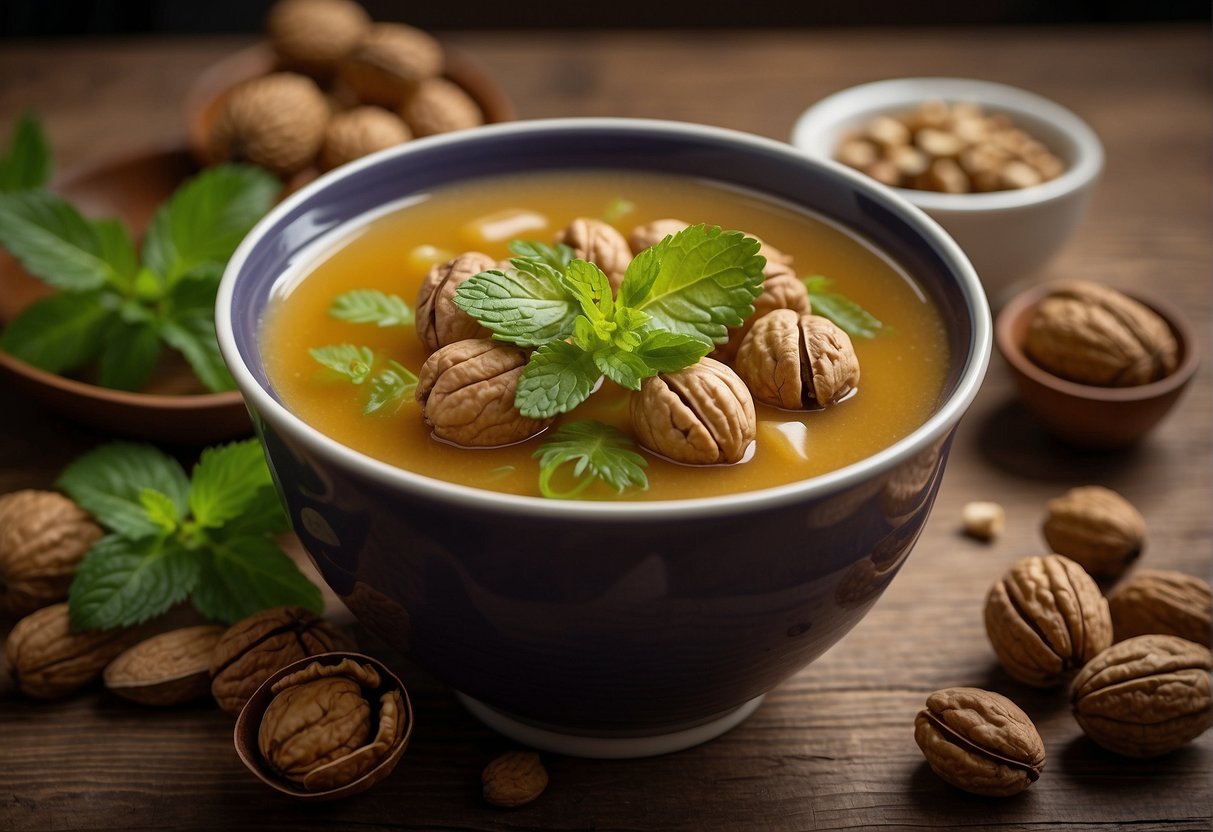 A steaming bowl of Chinese walnut soup sits on a wooden table, surrounded by a handful of whole walnuts and a sprig of fresh mint