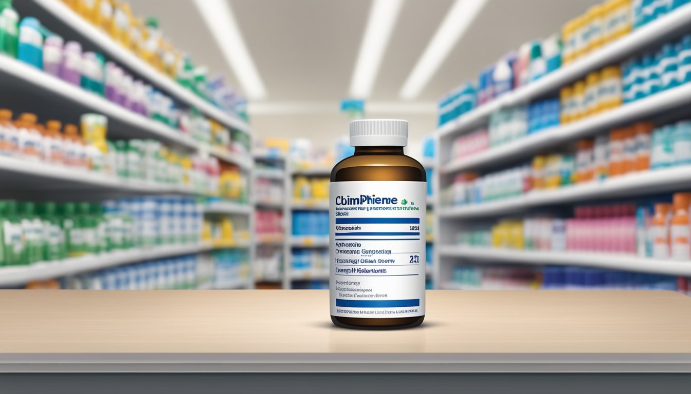 A bottle of clomiphene citrate brand name sits on a pharmacy shelf, surrounded by other medications. The label clearly displays the name and dosage instructions