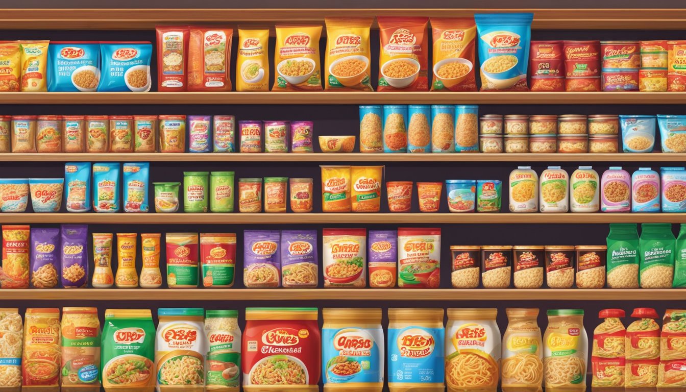 A variety of instant noodles brands displayed on shelves in a brightly lit grocery store aisle