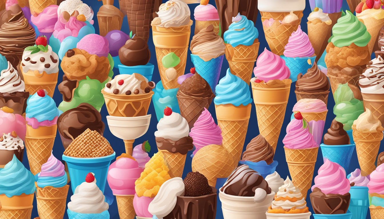 A colorful display of the Global Ice Cream Giants' biggest brands, with various flavors and toppings, surrounded by happy customers