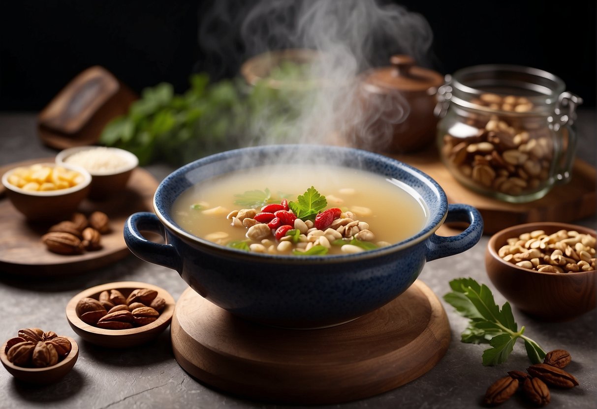 A steaming pot of Chinese walnut soup surrounded by a variety of ingredients like walnuts, dates, and goji berries, with a recipe book open to the "Frequently Asked Questions" page