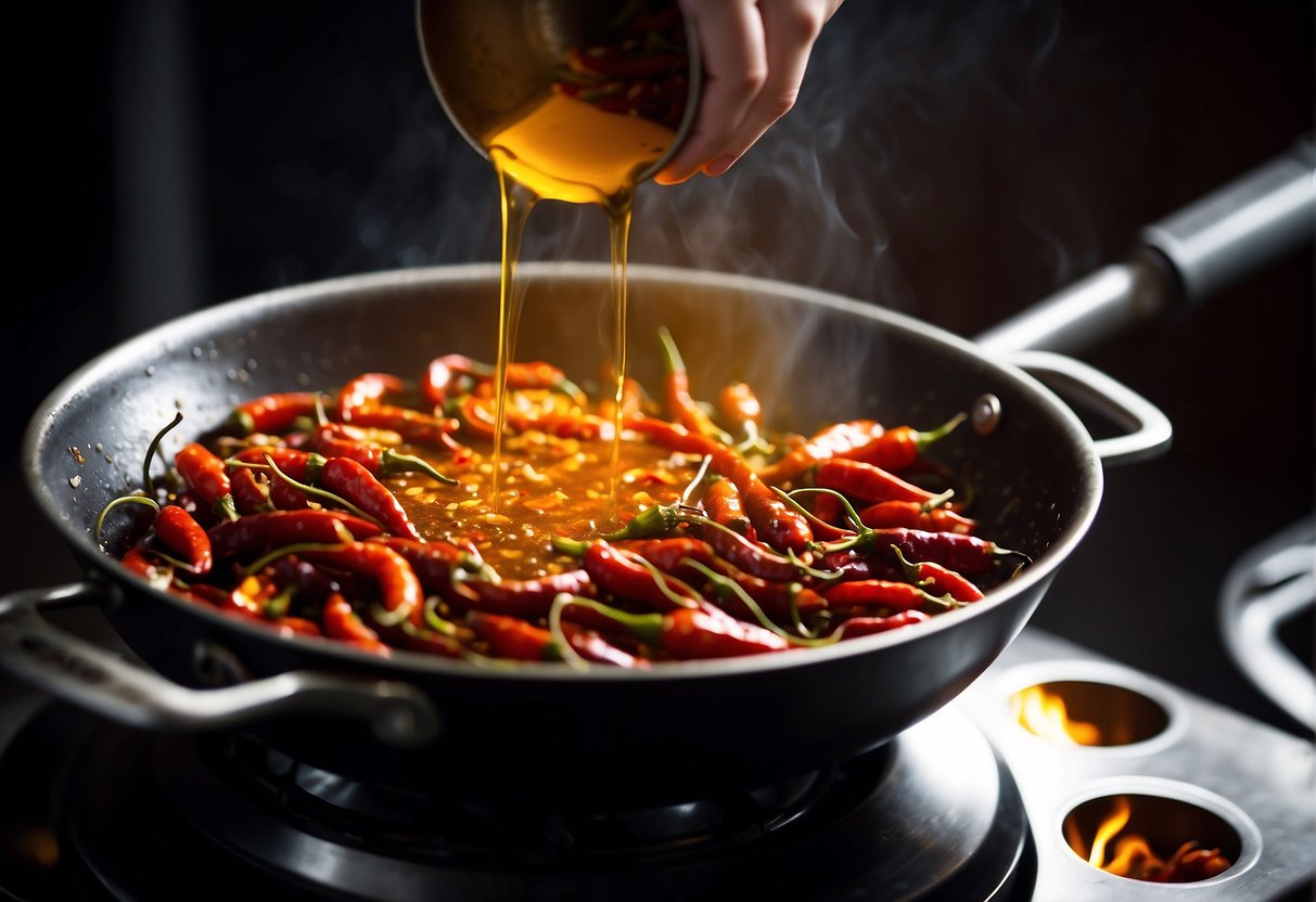 A hand pours hot oil over dried chilies in a wok, creating a sizzling and aromatic chili oil for Chinese cuisine
