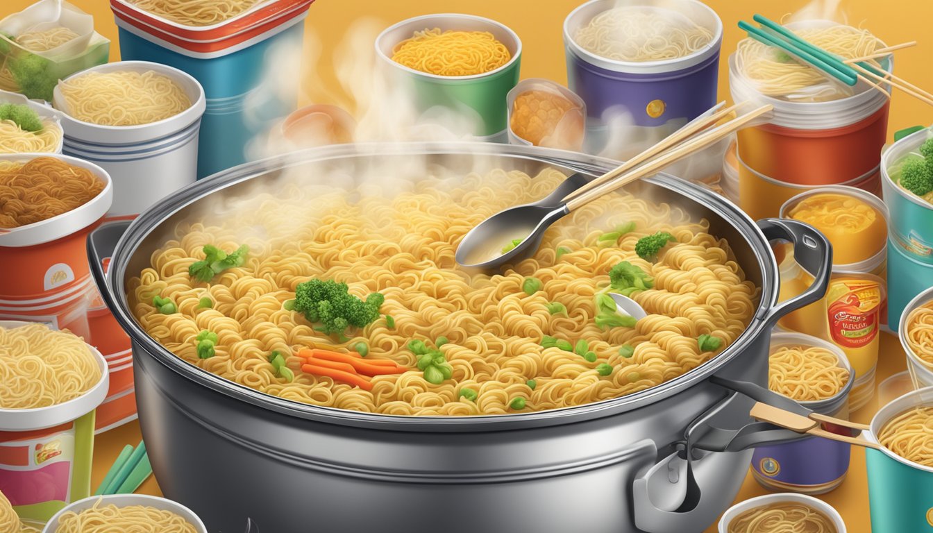 Steam rises from a boiling pot of instant noodles, surrounded by various brand packaging and utensils