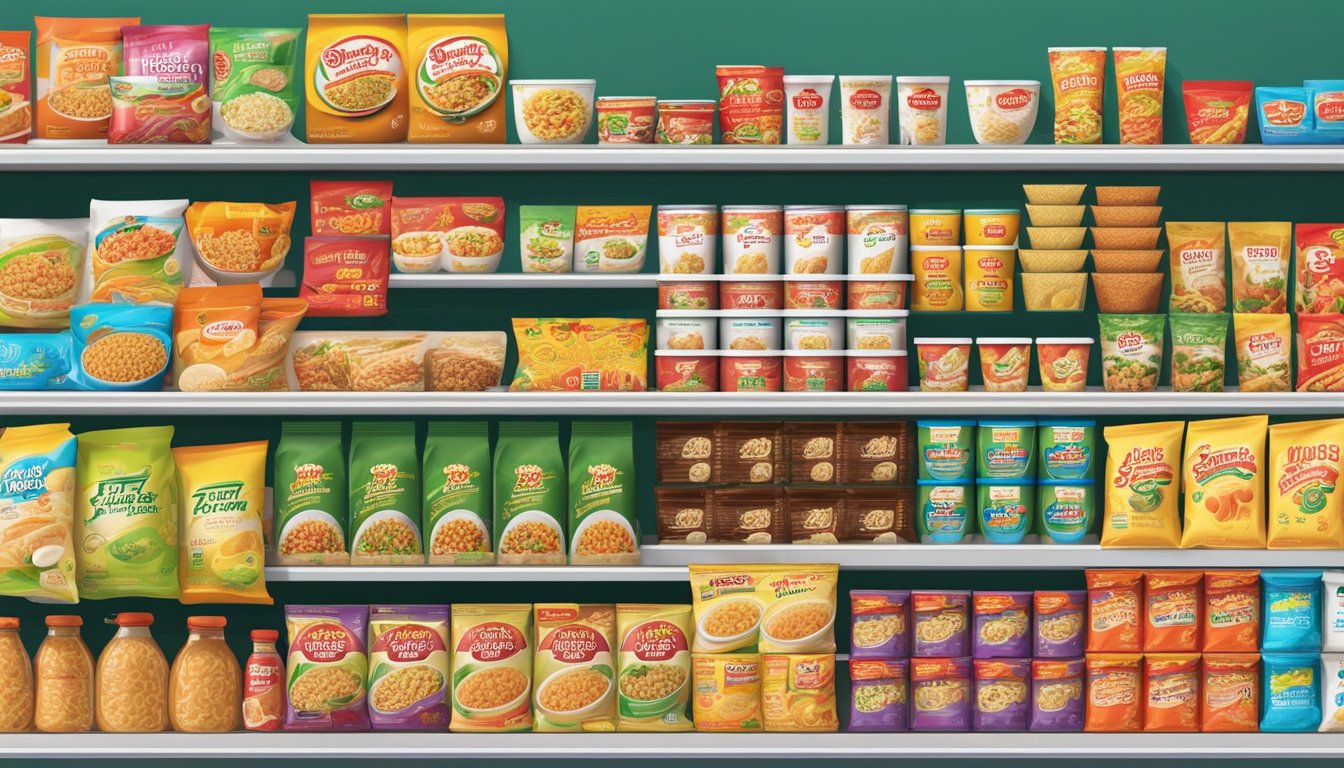 A variety of top instant noodle brands displayed on a shelf in a grocery store