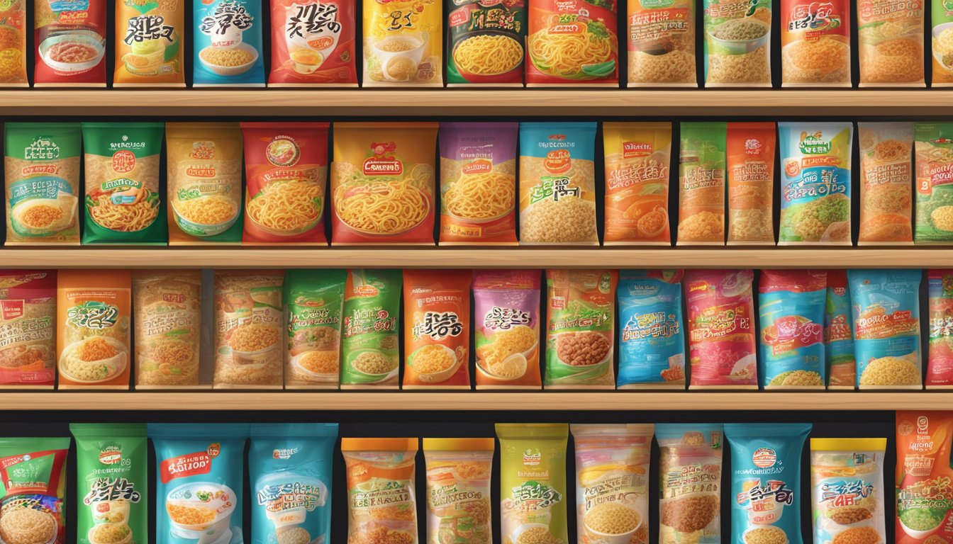 A variety of instant noodle packages arranged on a shelf, showcasing different flavors and textures