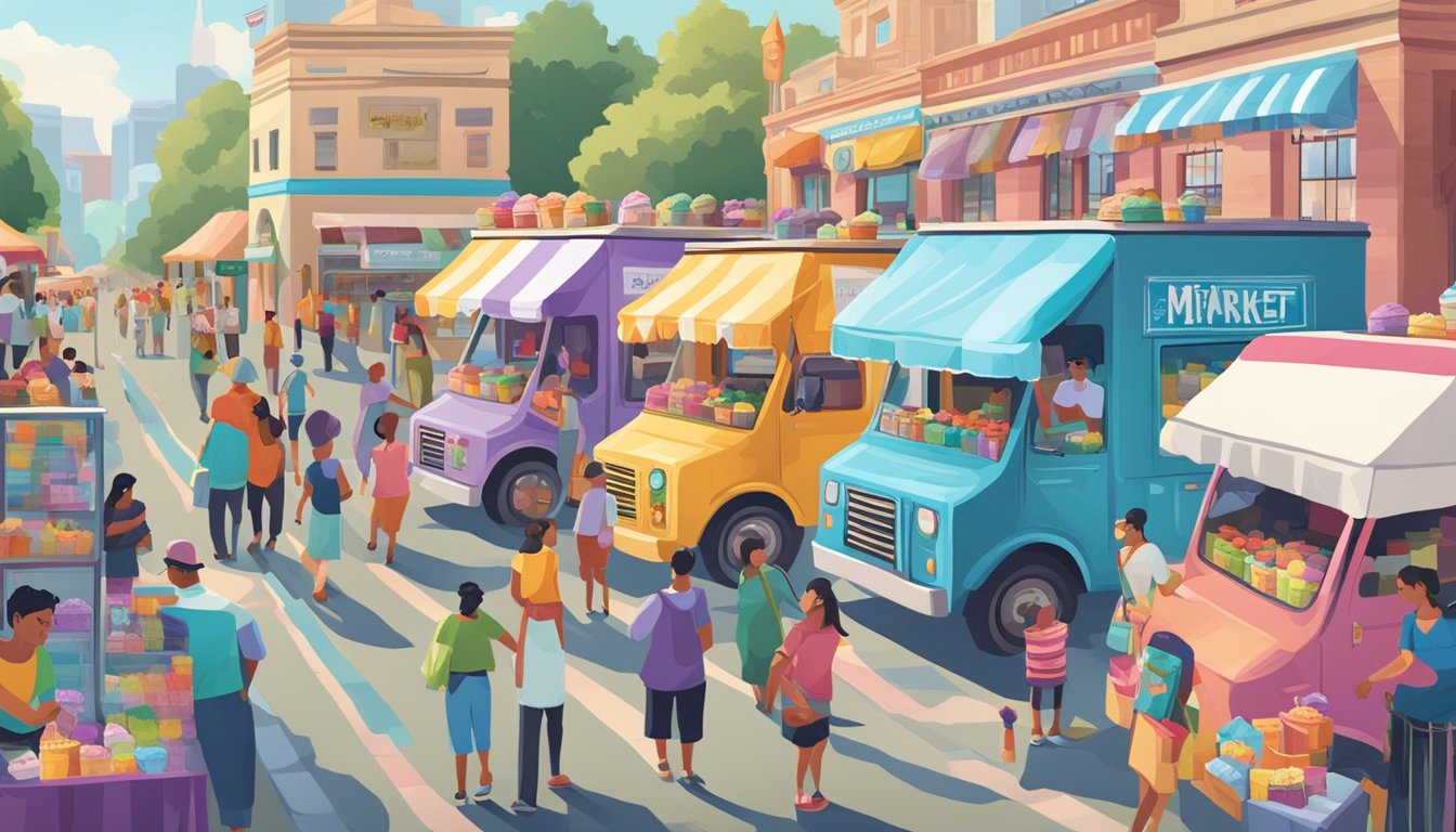 Colorful ice cream trucks line a bustling market, offering regional favorites. A large banner reads "Market Expansion" as customers eagerly sample and purchase treats