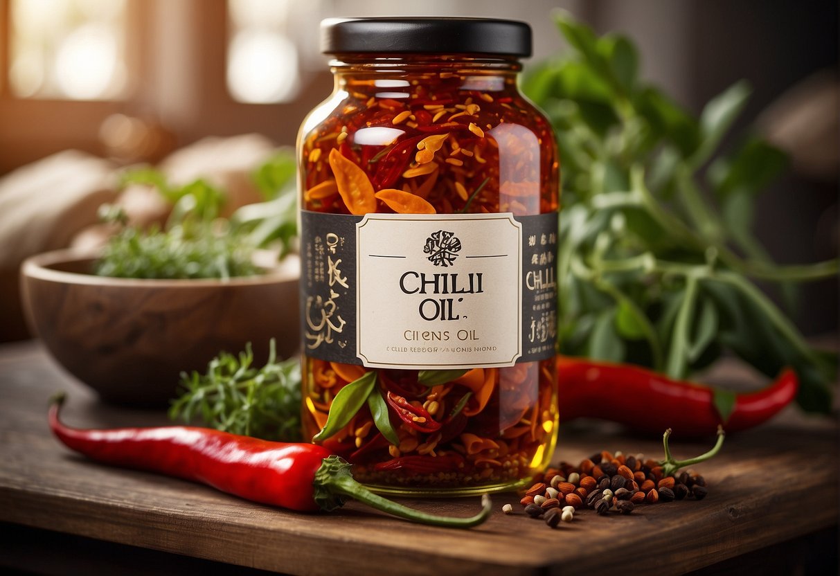 A glass jar filled with bright red chili oil sits on a wooden shelf, surrounded by various spices and herbs. The label reads "Chili Oil - Chinese Recipe" in bold, elegant lettering