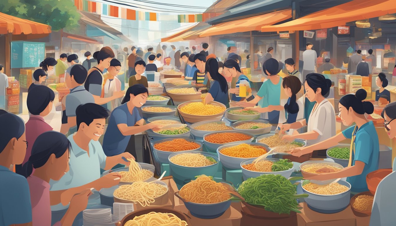 A bustling market with diverse people enjoying instant noodle samples from various brands, showcasing the cultural impact and innovations in the industry