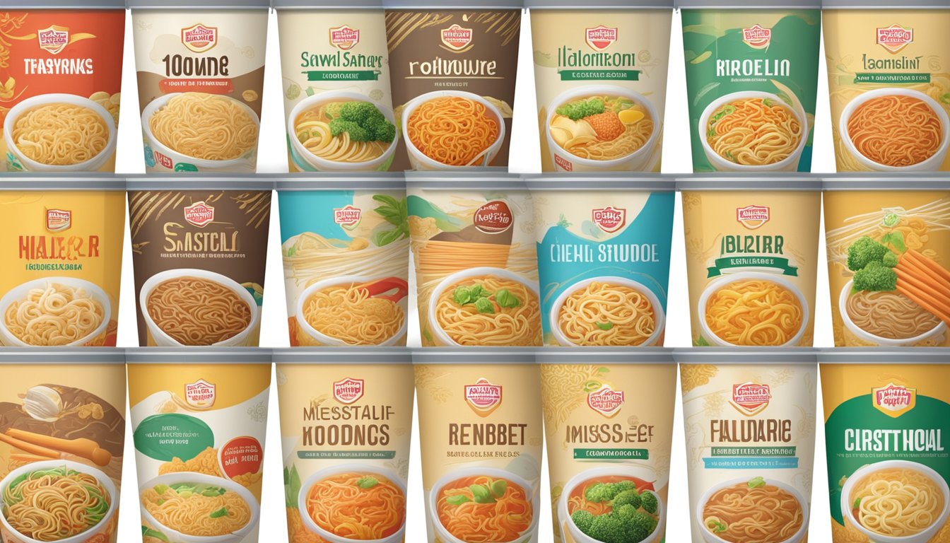 Various instant noodle brands displayed with health labels and alternative options