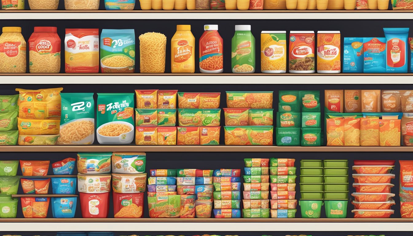 Various instant noodle brands arranged on shelves, with a "Frequently Asked Questions" sign above
