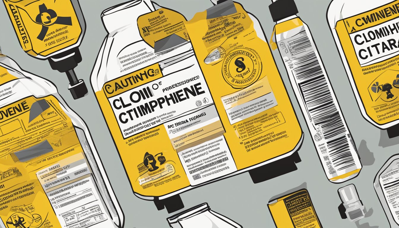 A bottle of clomiphene citrate with a warning label, surrounded by caution signs and a list of potential side effects