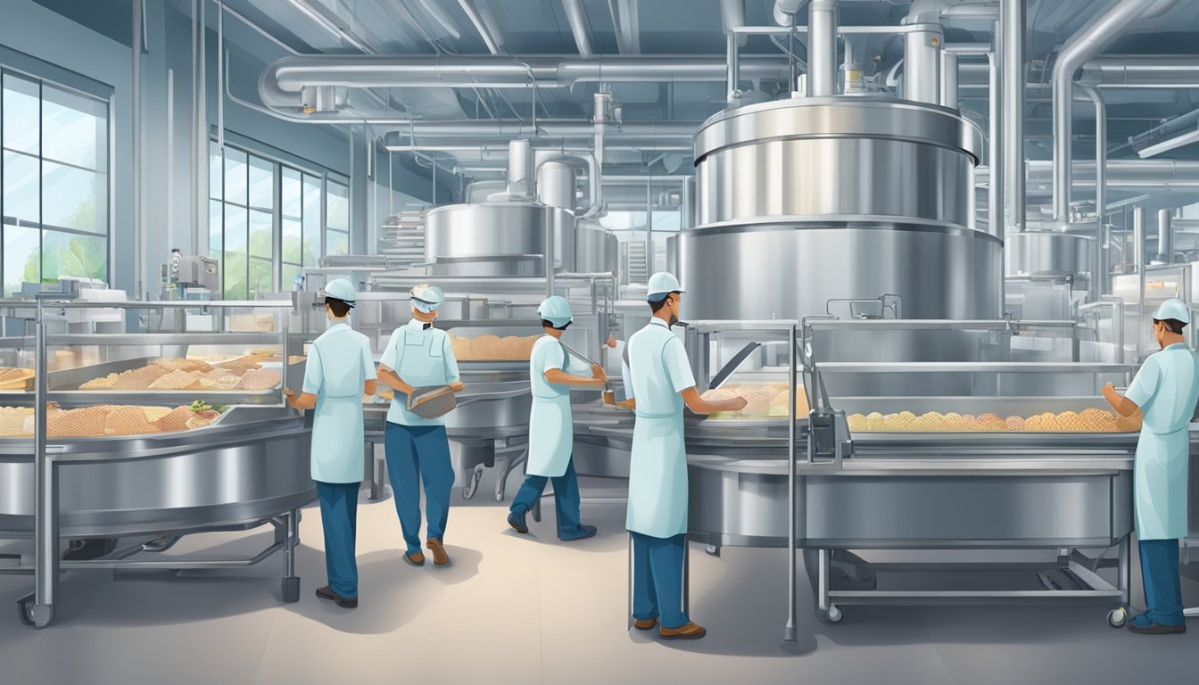 A bustling ice cream factory with modern machinery and workers ensuring sustainable and quality production