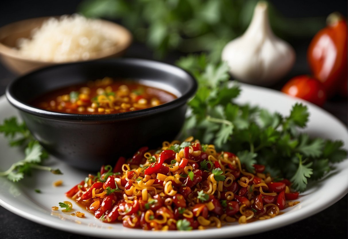 A small dish of chilli oil with red pepper flakes, garlic, and Sichuan peppercorns, garnished with fresh cilantro and served alongside a bowl of steaming noodles