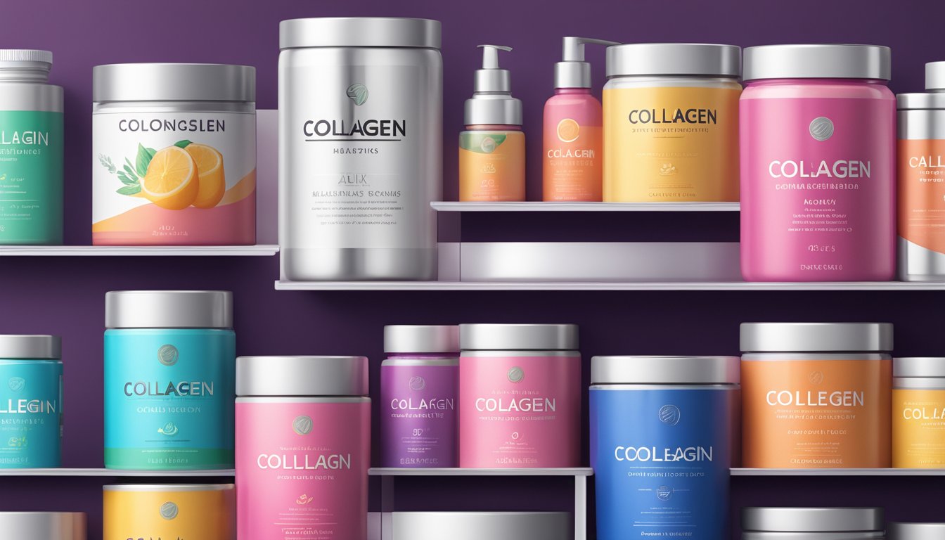 A collection of collagen brands displayed on a clean, modern shelf with sleek packaging and vibrant colors
