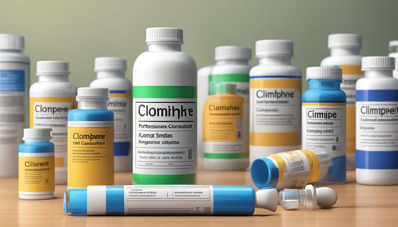 A bottle of clomiphene citrate with warning labels, next to other medication bottles