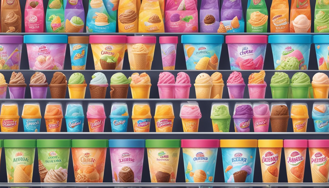 A colorful display of popular ice cream brands, with vibrant packaging and enticing flavors, draws in consumers at a bustling grocery store