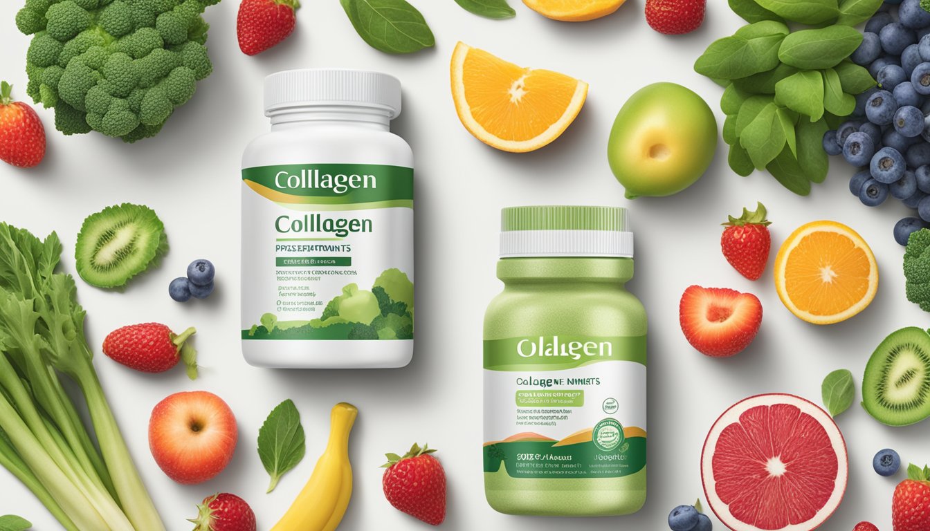 A bottle of collagen supplements sits on a clean, white countertop, surrounded by fresh fruits and vegetables. The label on the bottle prominently displays the brand name