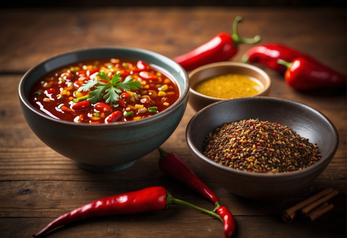 A small bowl of homemade chilli oil sits on a rustic wooden table, surrounded by vibrant red chillies and aromatic spices