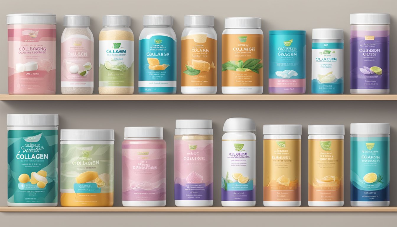 A variety of collagen brands displayed on a shelf with clear labels and different packaging options